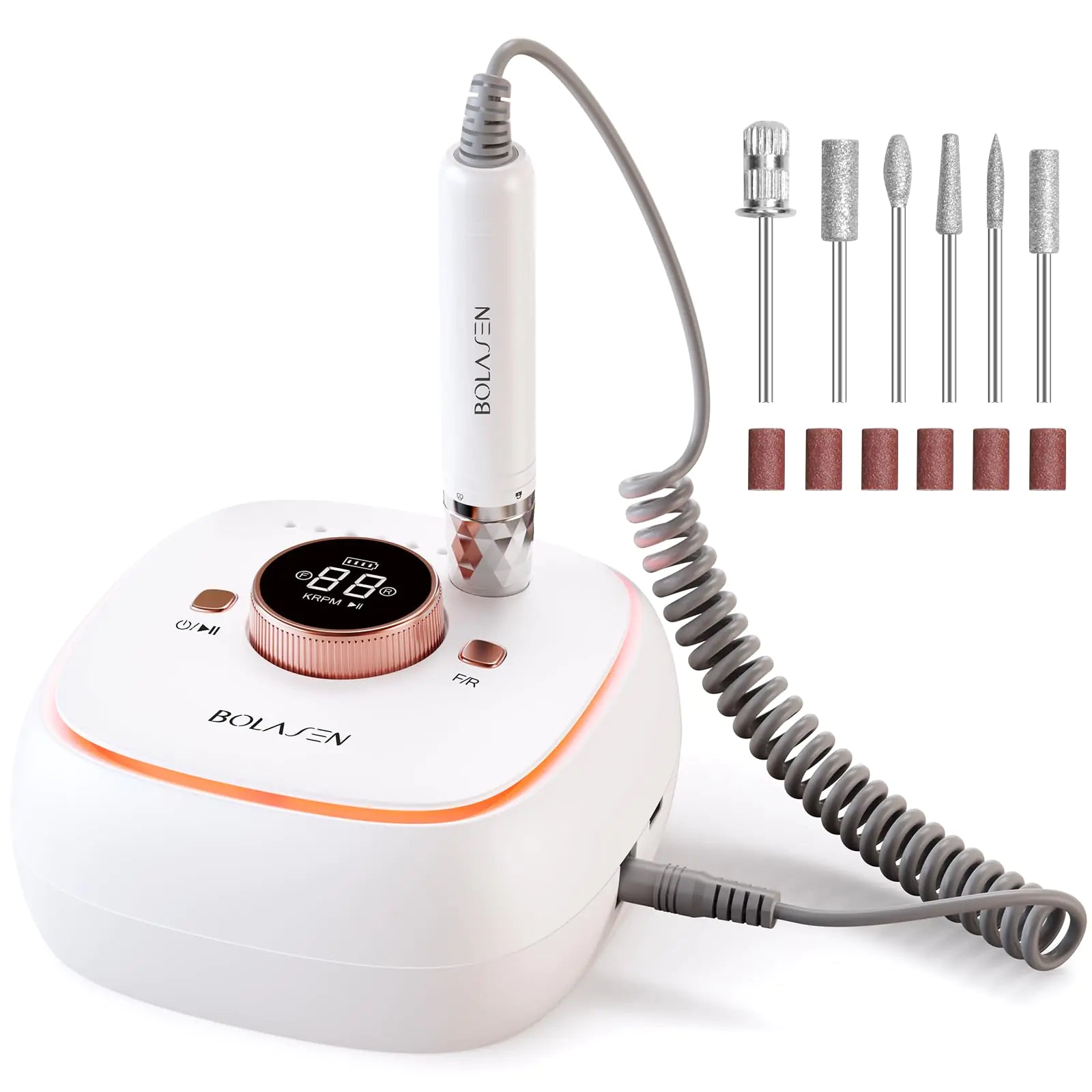 BOLASEN Taladro de Uñas Profesional sin Escobillas 40000RPM 7800mAh Recargable Sin Cable Limador de Uñas Eléctrico de Extracción Rápida para Uñas de Acrílico y Gel Autoencendido-Apagado Perfecto para Uso en Salones HaloDrill 10