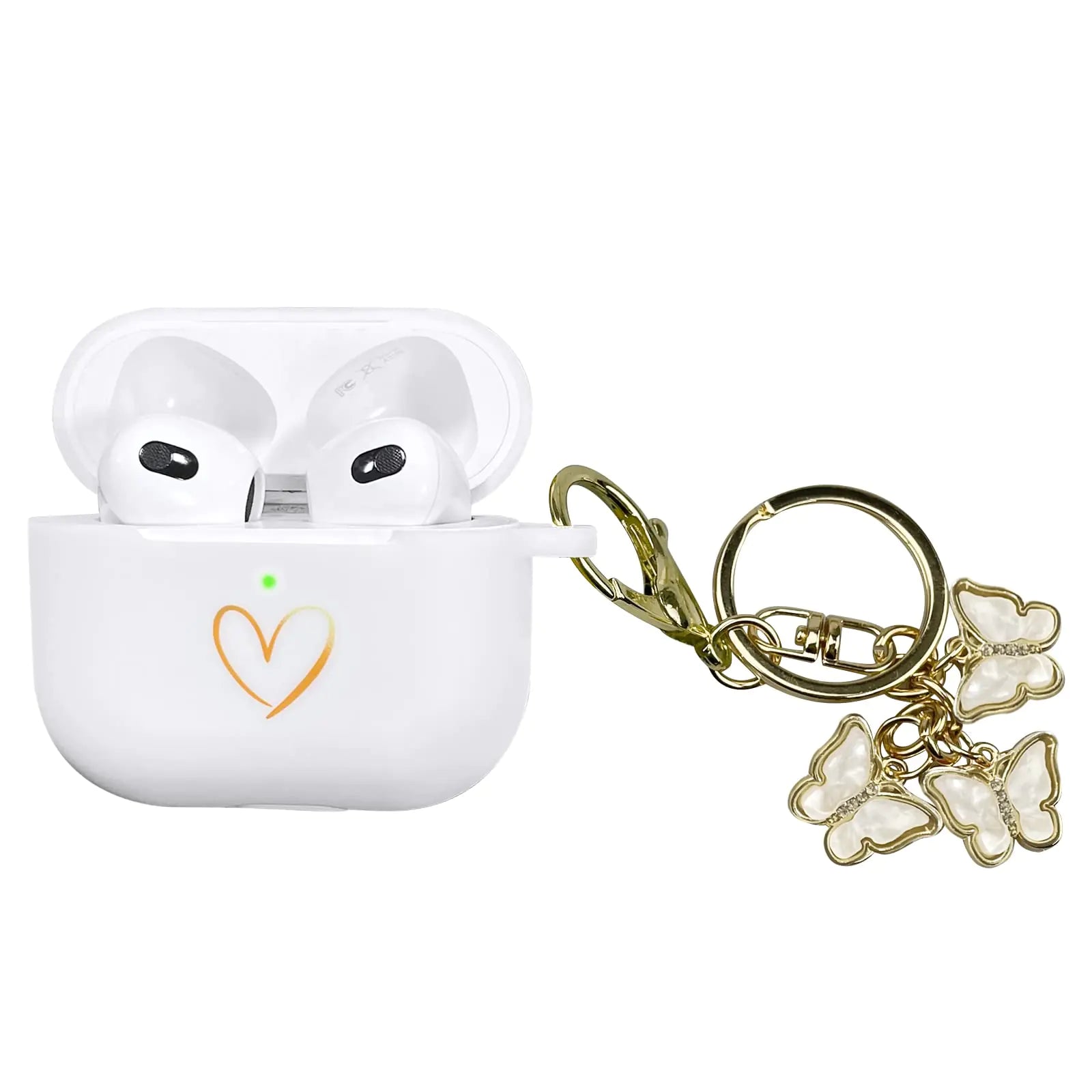 AIIEKZ Compatible con Funda para AirPods 3 2021, Funda de Silicona Suave con Patrón de Corazón Dorado para AirPods de 3ª Generación con Llavero de Mariposa Bonito para Niñas y Mujeres (Blanco)